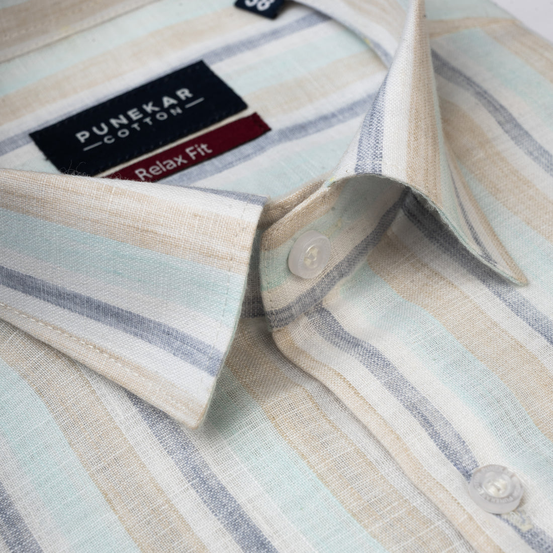 Beige & Blue Colour Vertical Cotton Blend Striped Shirt For Men
