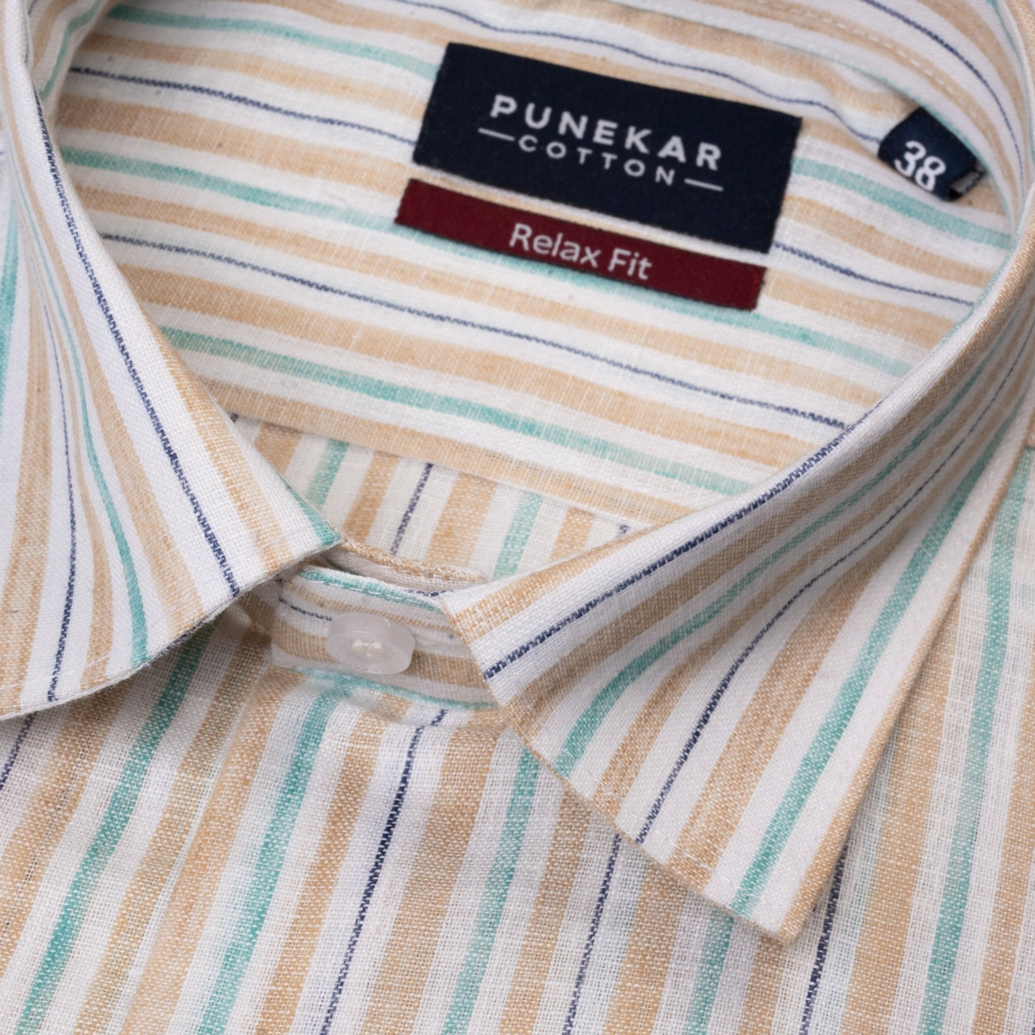 Beige & Aqua Striped Blend Cotton Shirt for Men - Punekar Cotton