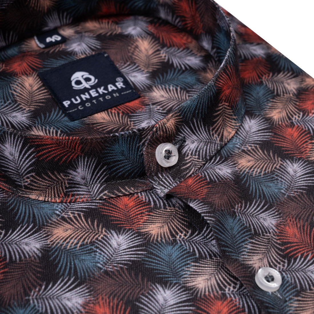 Black Color Feather Stand Collar Printed Shirt For Men - Punekar Cotton