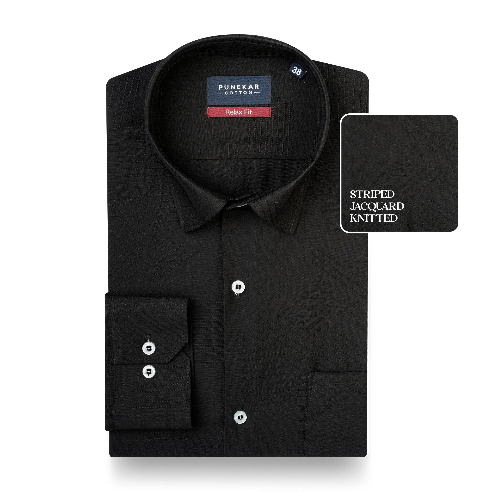 Black Colour Textured Stripe Jacquard Shirt for Men - Punekar Cotton
