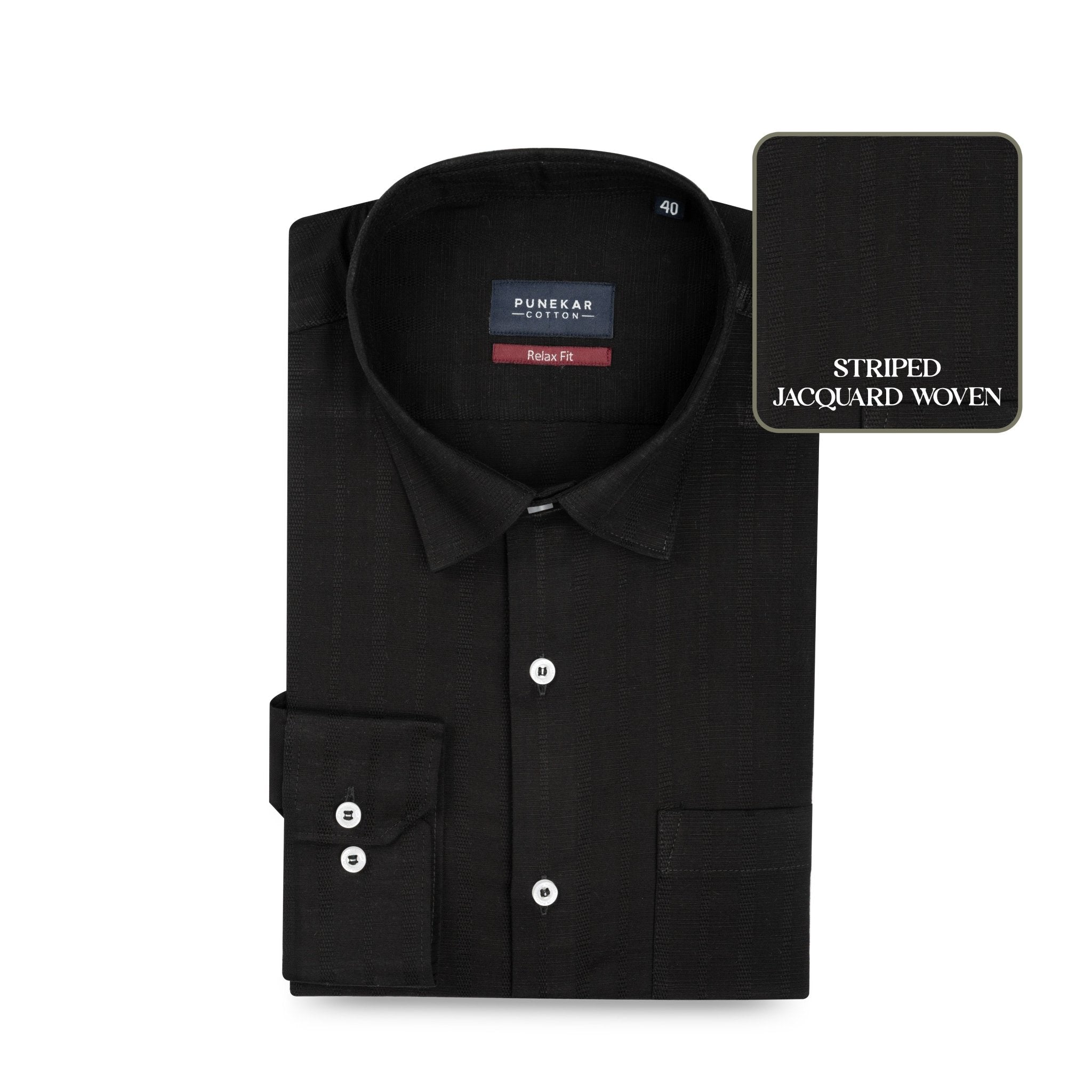 Black Colour Vertical Stripe Textured Jacquard Shirt for Men - Punekar Cotton