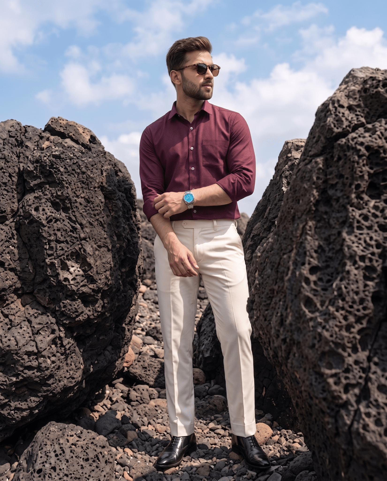 Burgundy Wine MattMini Textured Cotton Tencel Shirt For Men - Punekar Cotton