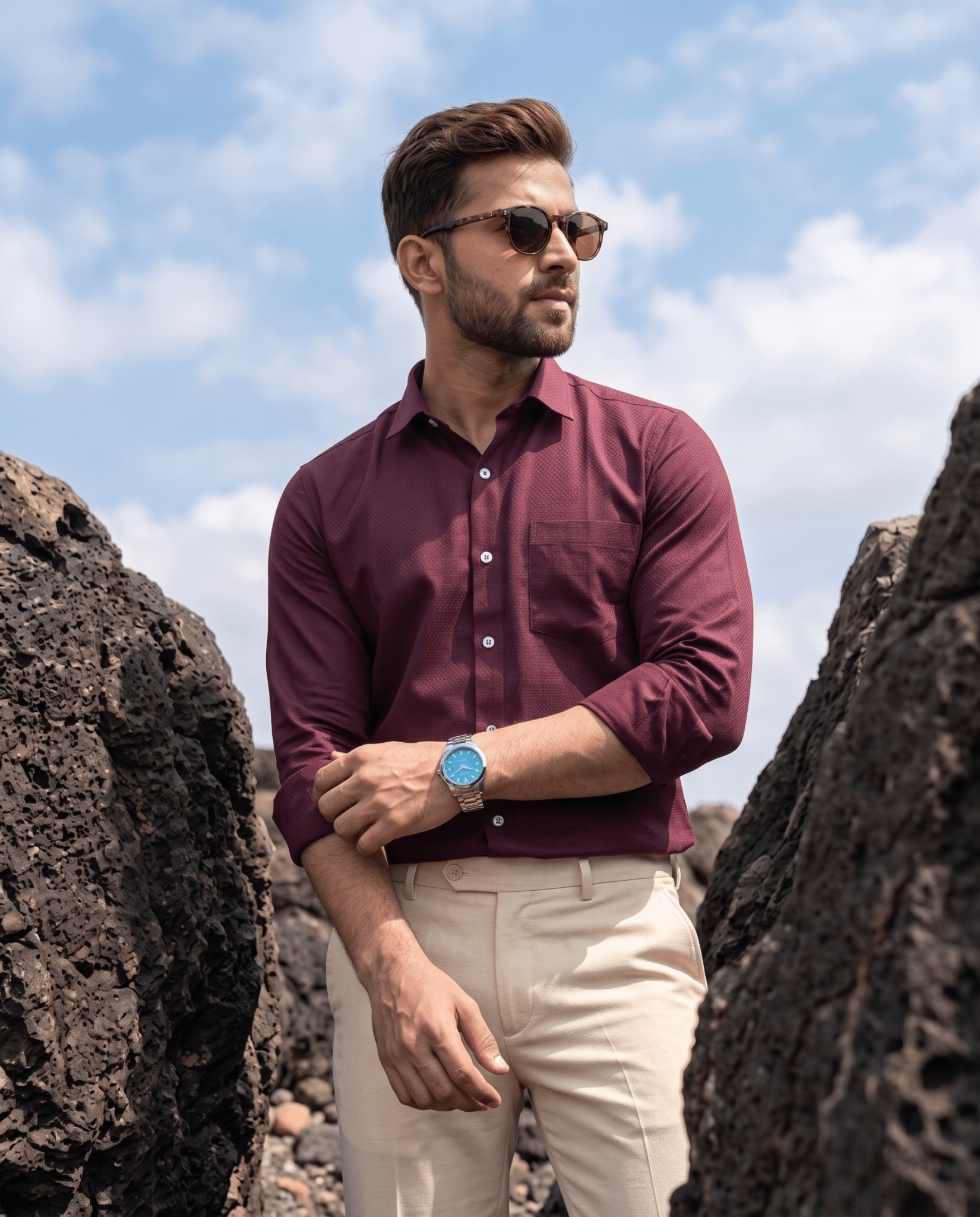 Burgundy Wine MattMini Textured Cotton Tencel Shirt For Men - Punekar Cotton