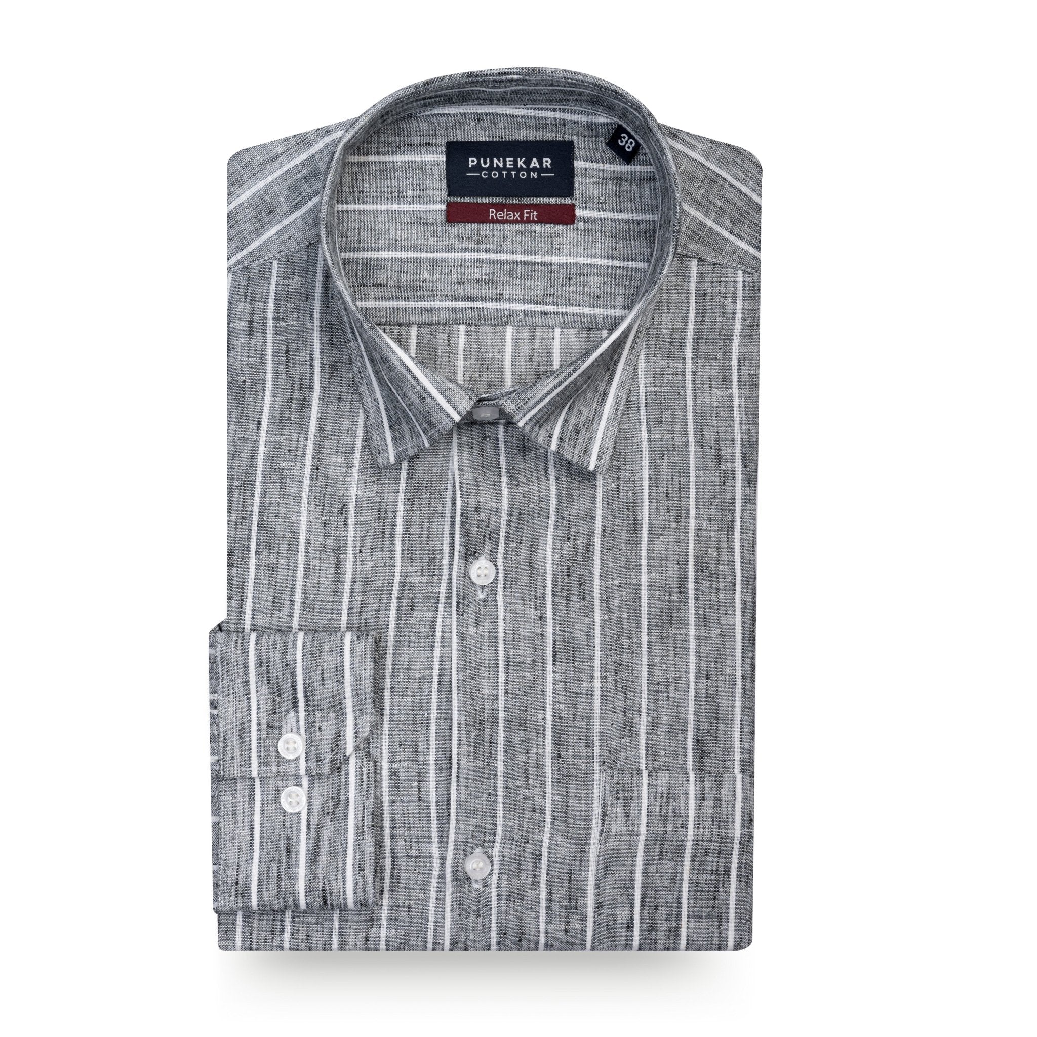 Charcoal Grey Striped Blend Cotton Shirt for Men - Punekar Cotton