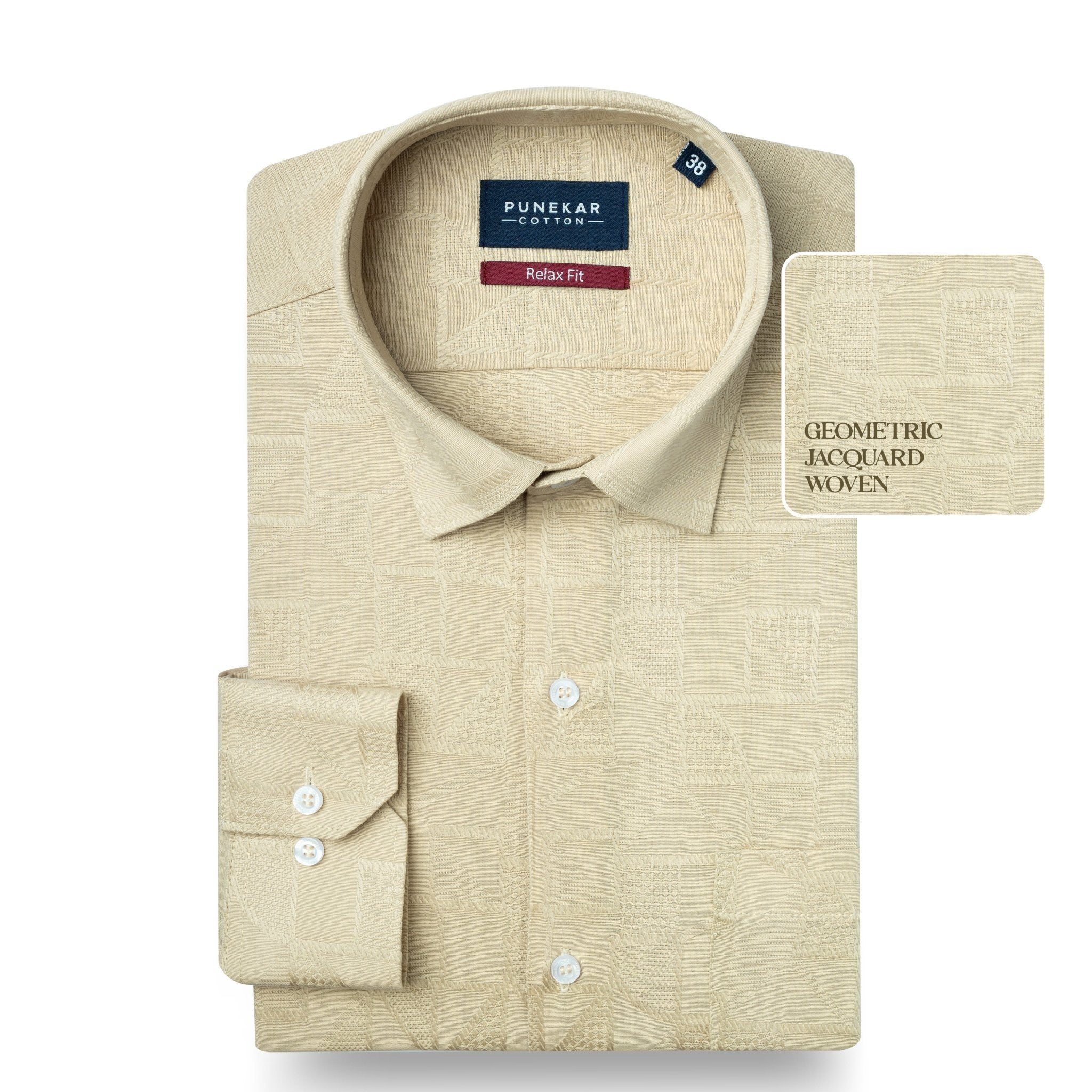 Cream Colour Geometric Jacquard Texture Shirt for Men - Punekar Cotton