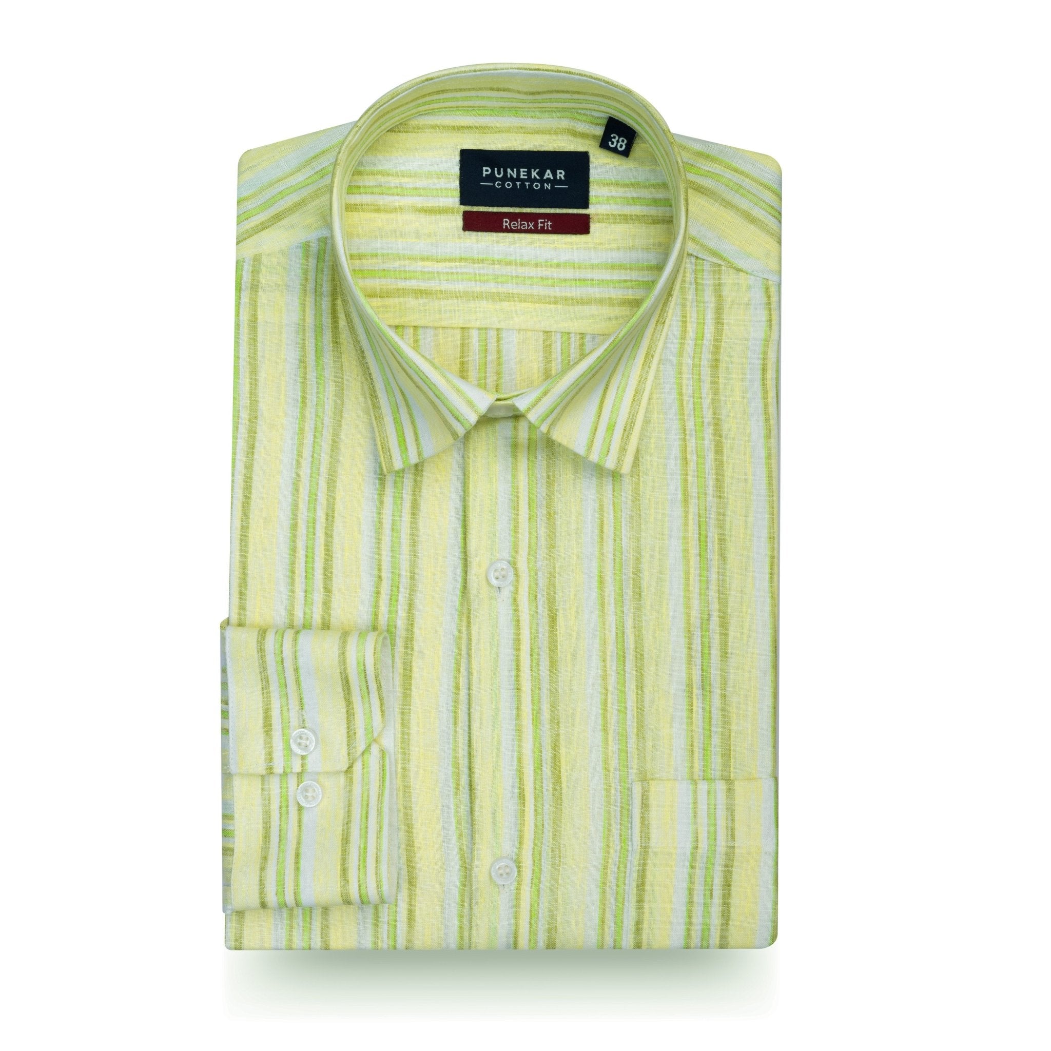 Light Lime Striped Blend Cotton Shirt for Men - Punekar Cotton