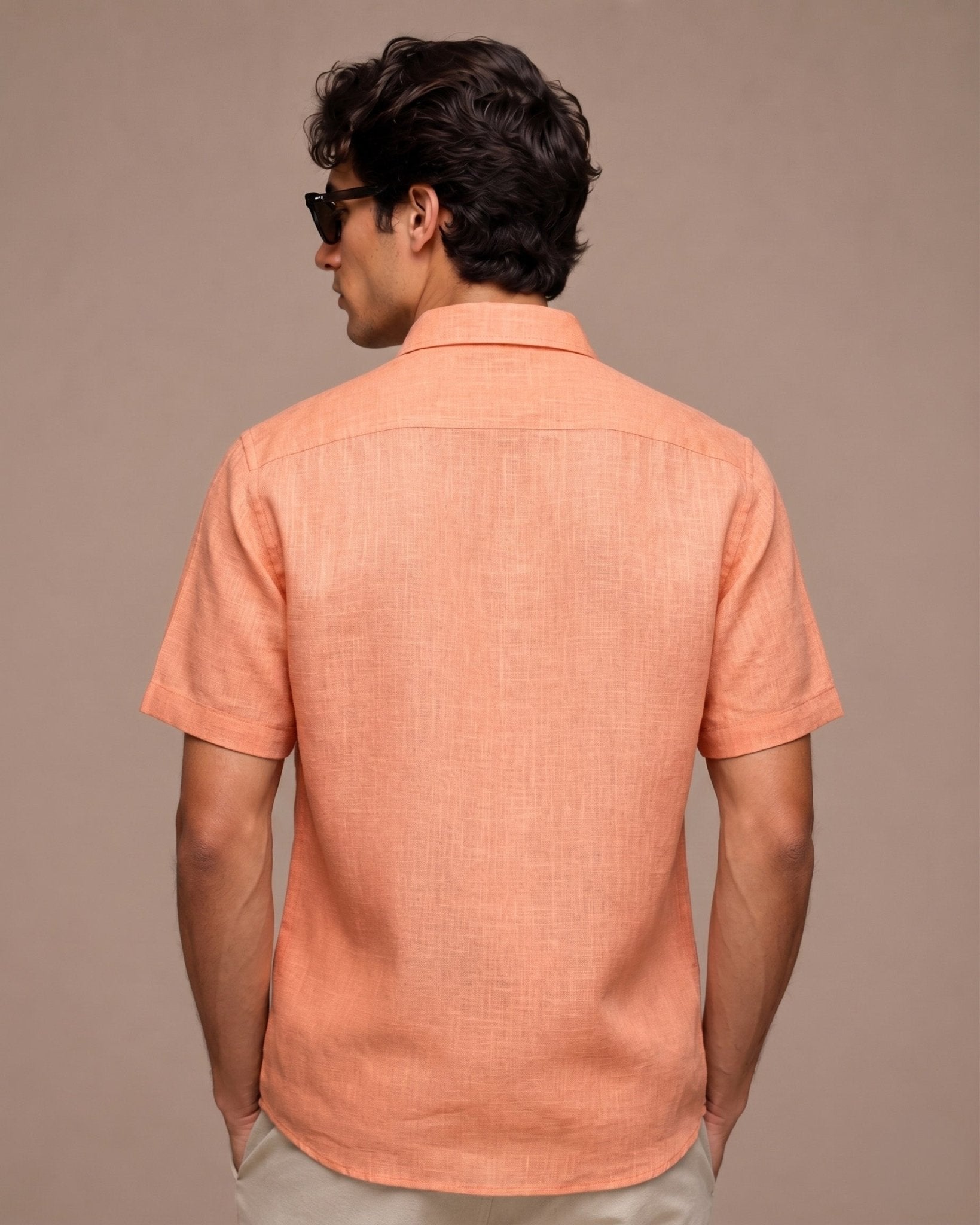 Light Orange Color Linen Formal Half Sleeves Shirt For Men - Punekar Cotton