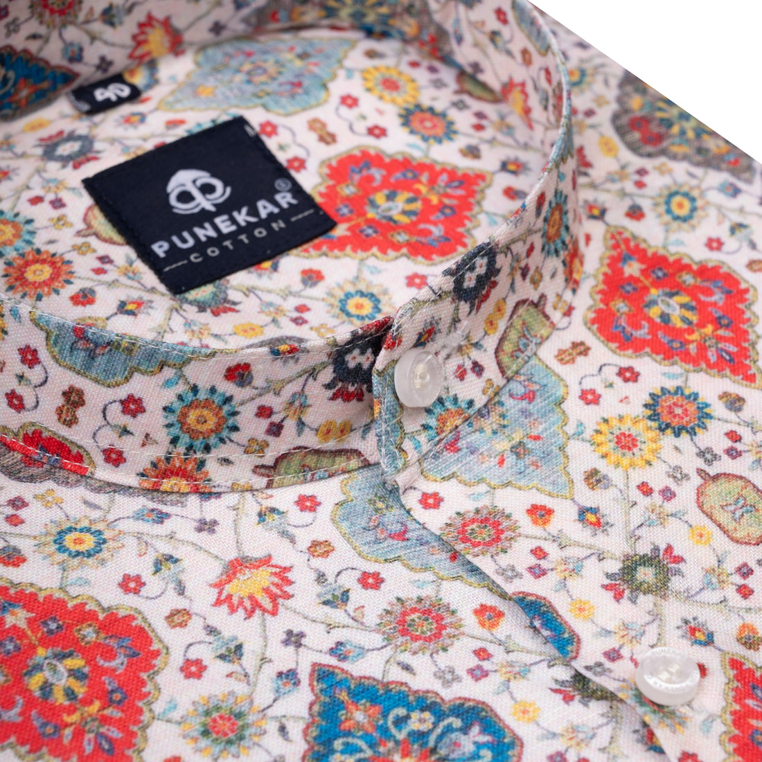 Cream Red Color Stand Collar Printed Shirt For Men