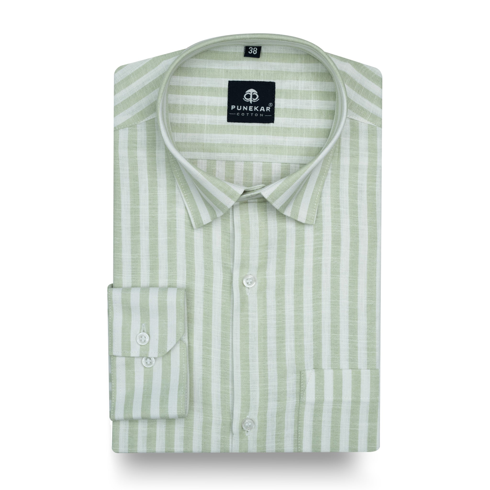 Mint Green Vertical Stripes Cotton Linen Shirt for Men