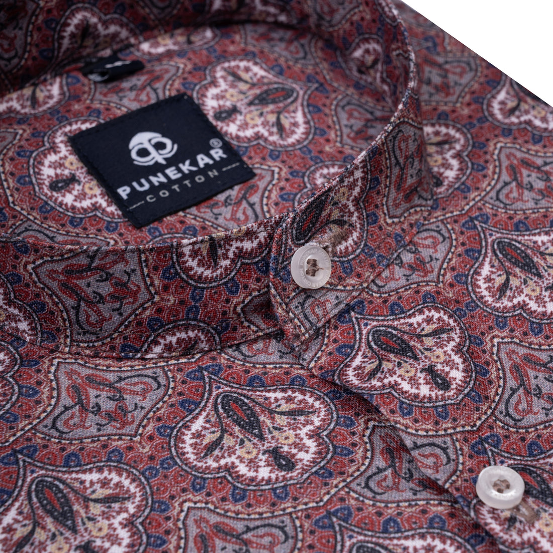 Rouge Color Moroccan Stand Collar Printed Shirt For Men