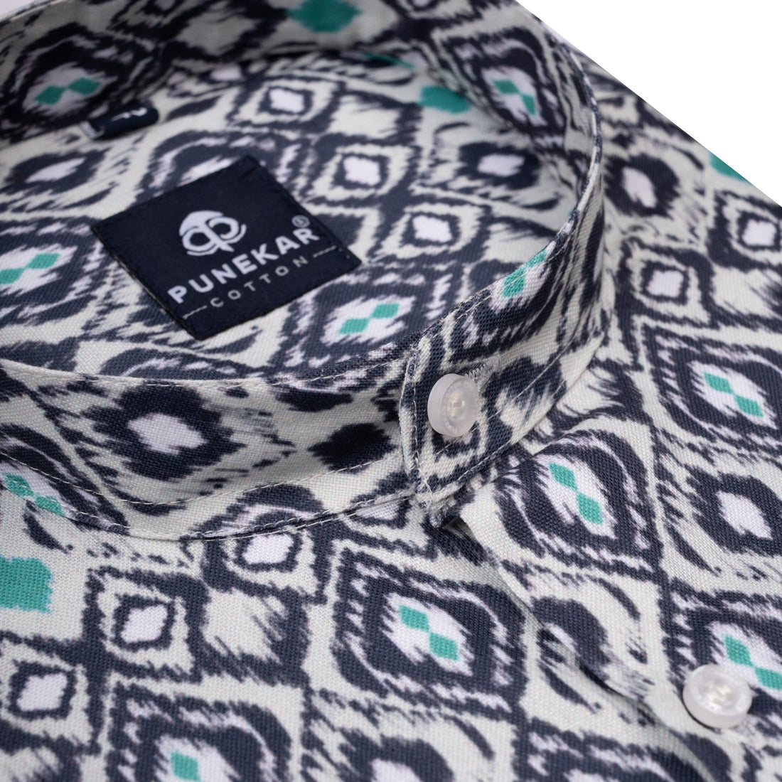 White Green Color Stand Collar Printed Shirt For Men - Punekar Cotton