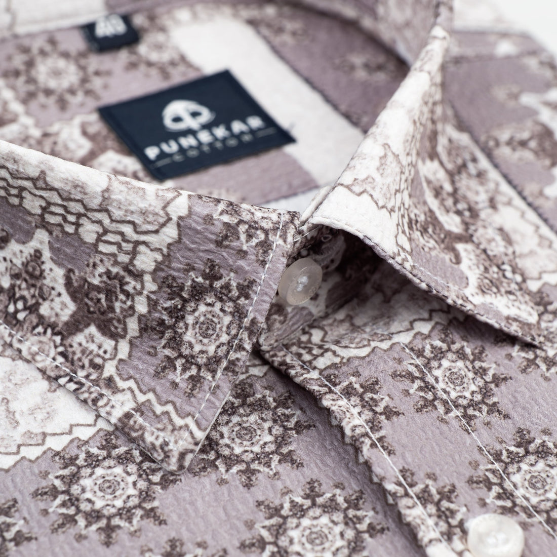 White Grey Color Moroccan Printed Popcorn Shirt For Men - Punekar Cotton
