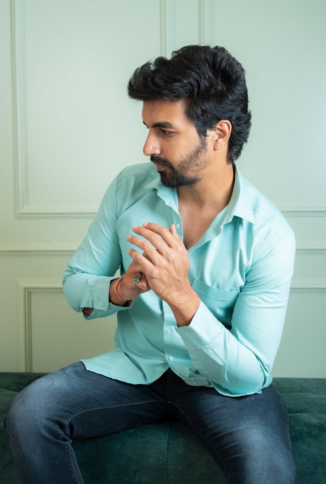 Aqua Green Color Twitter Lining Blende Cotton Shirts For Men - Punekar Cotton