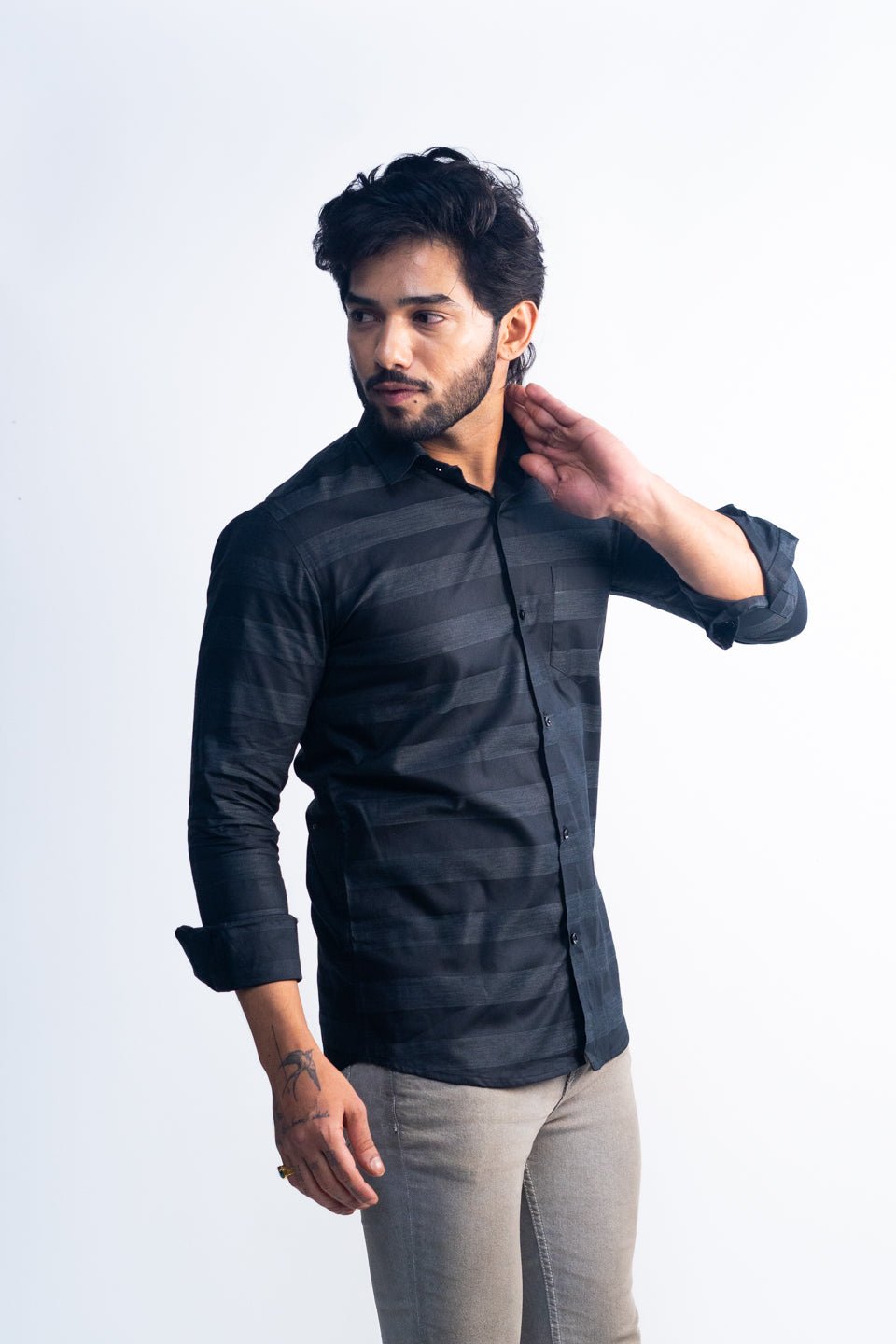 Black Color Cotton Stripe Shirt For Men - Punekar Cotton