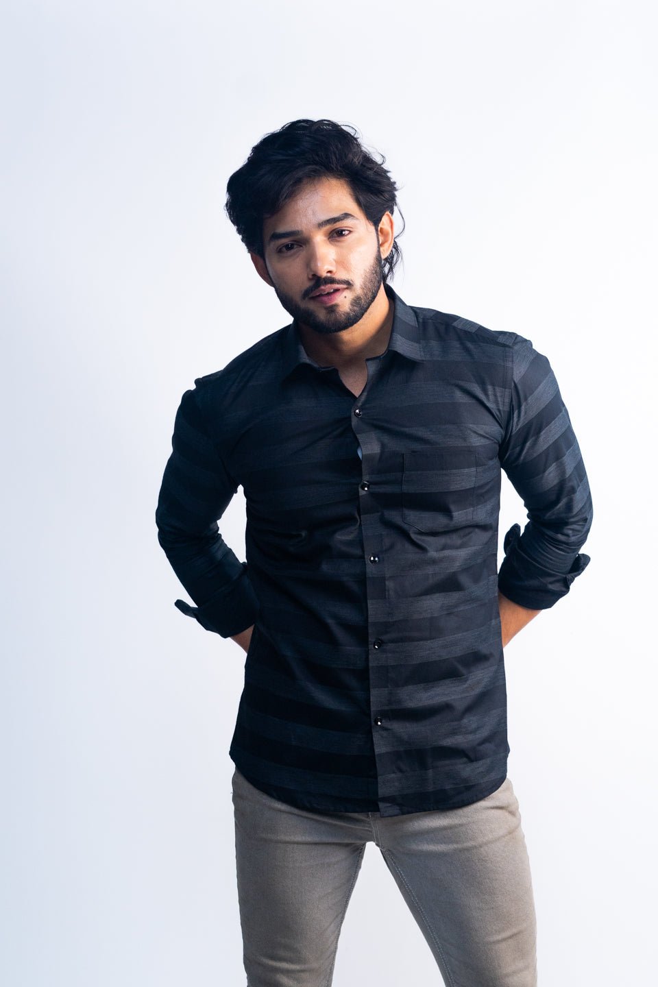 Black Color Cotton Stripe Shirt For Men - Punekar Cotton