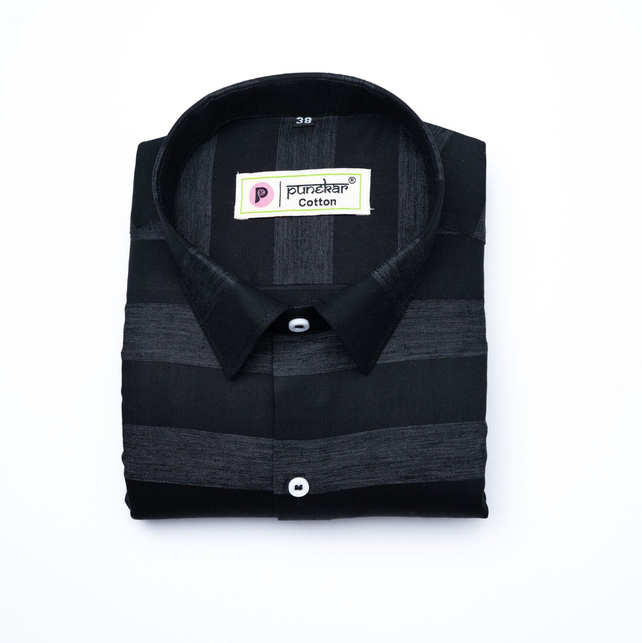 Black Color Pure Cotton Stripe Shirt For Men - Punekar Cotton