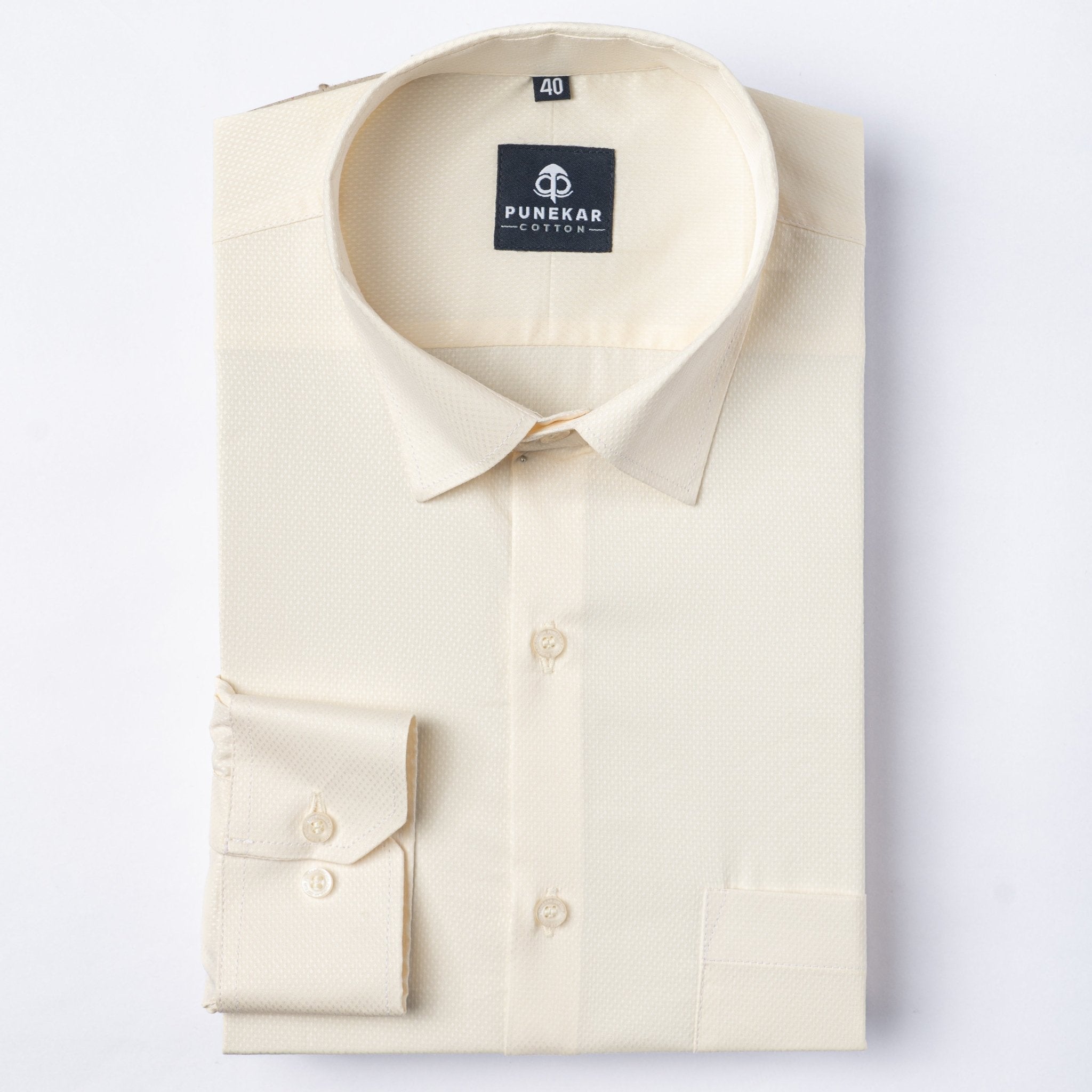 Cream Color Dotted Dobby Cotton Shirt For Men - Punekar Cotton