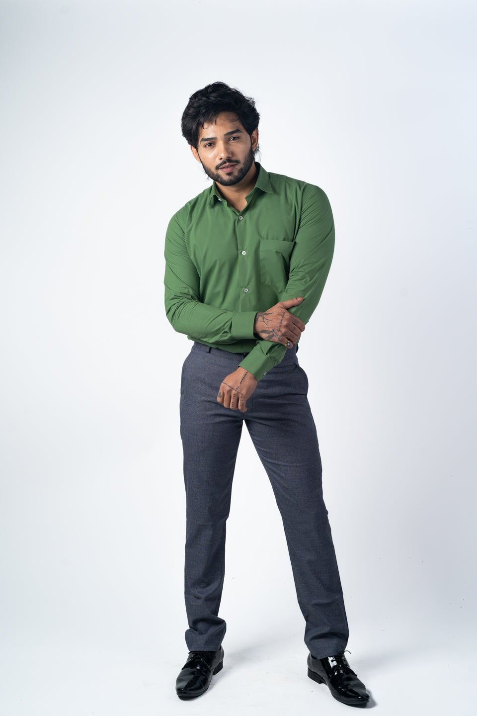 Green Color Lycra Twill Cotton Shirt For Men - Punekar Cotton