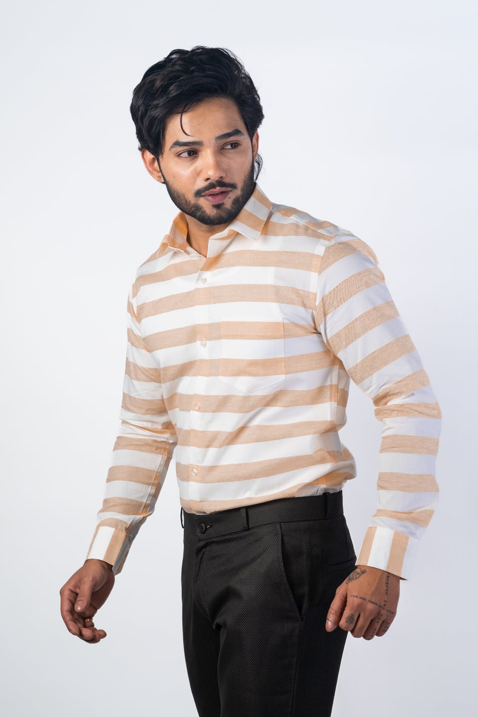 Light Tan Color Cotton Stripe Shirt For Men - Punekar Cotton