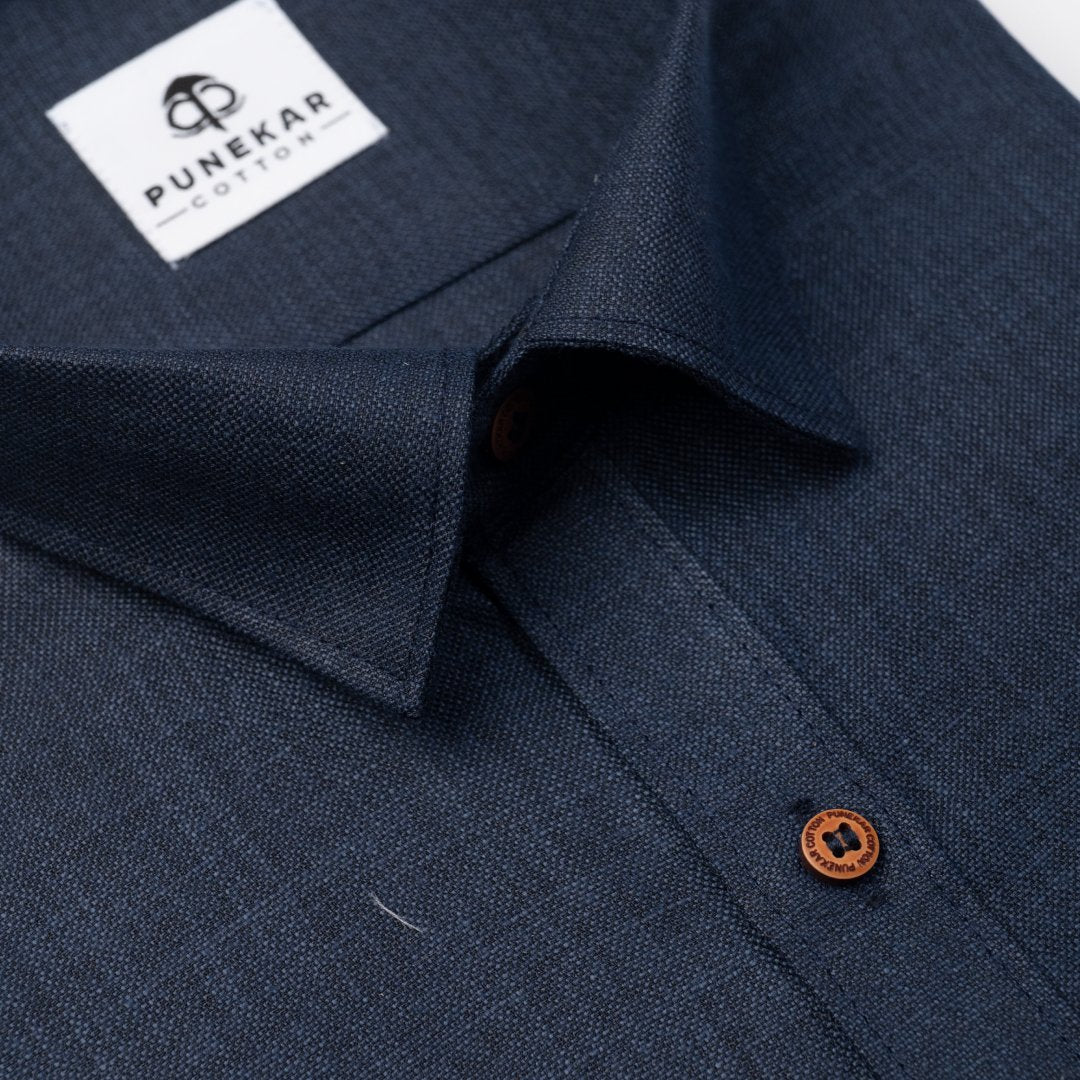 Navy Blue Color Blended Linen Shirt For Men&
