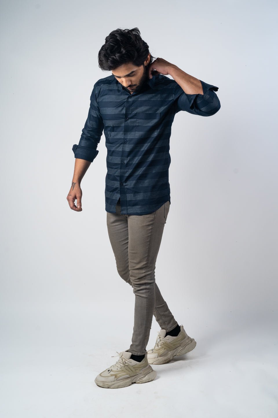 Navy Blue Color Cotton Stripe Shirt For Men - Punekar Cotton