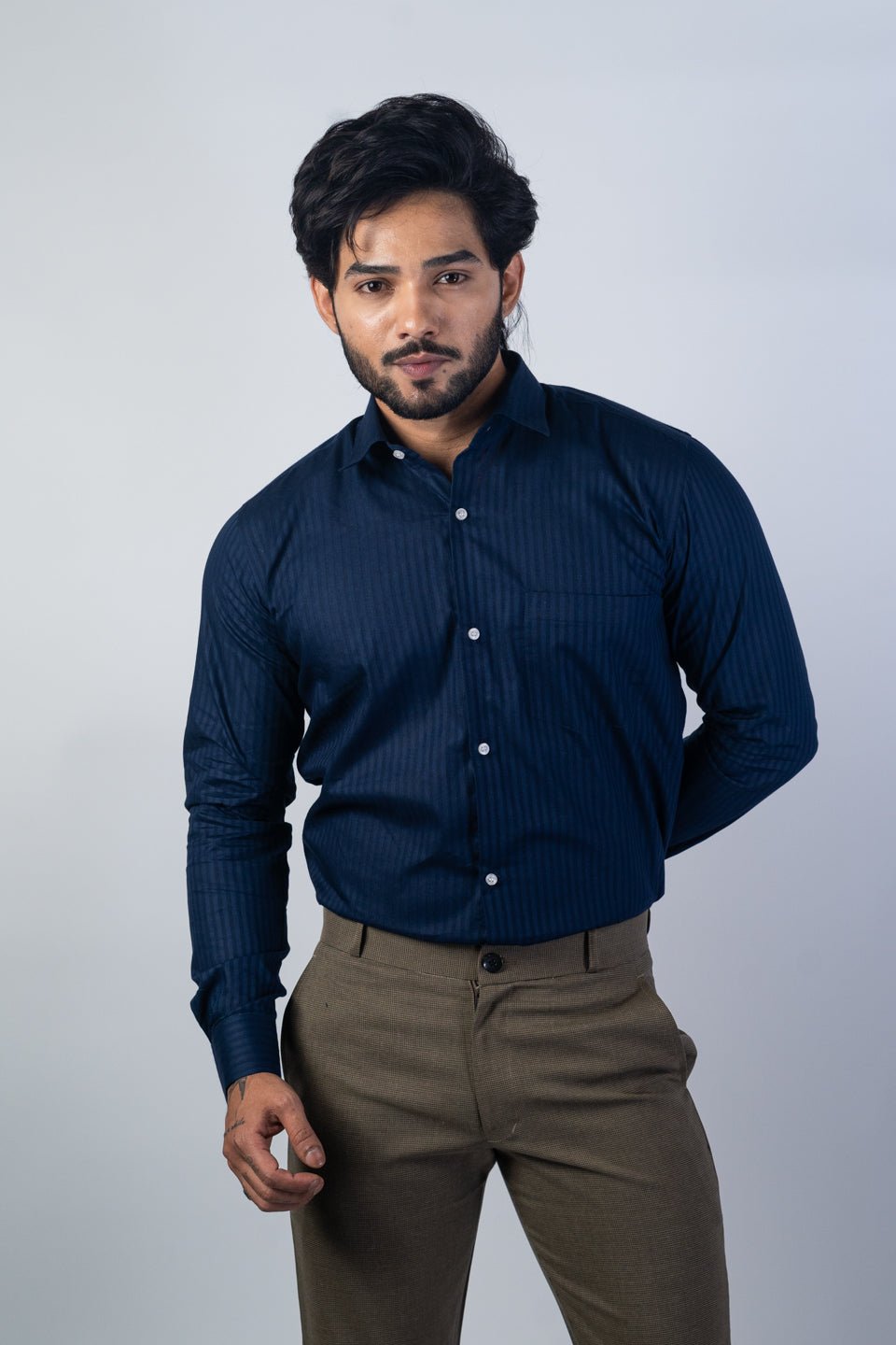Navy Blue Color vertical Cotton stripe Shirt For Men - Punekar Cotton