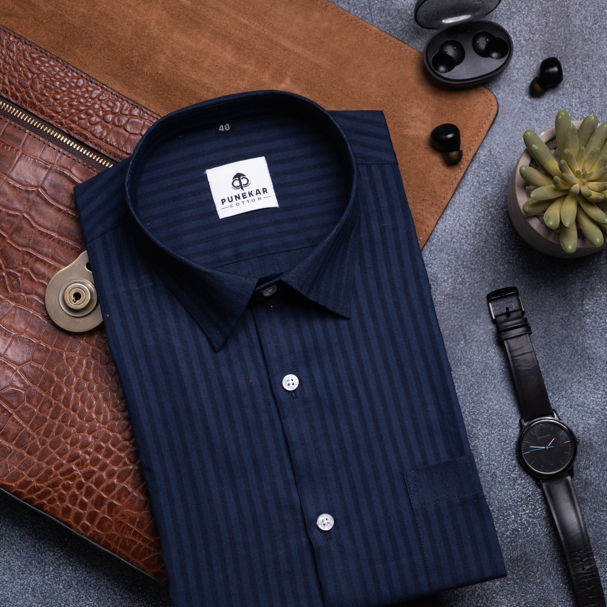 Navy Blue Color vertical Cotton stripe Shirt For Men - Punekar Cotton