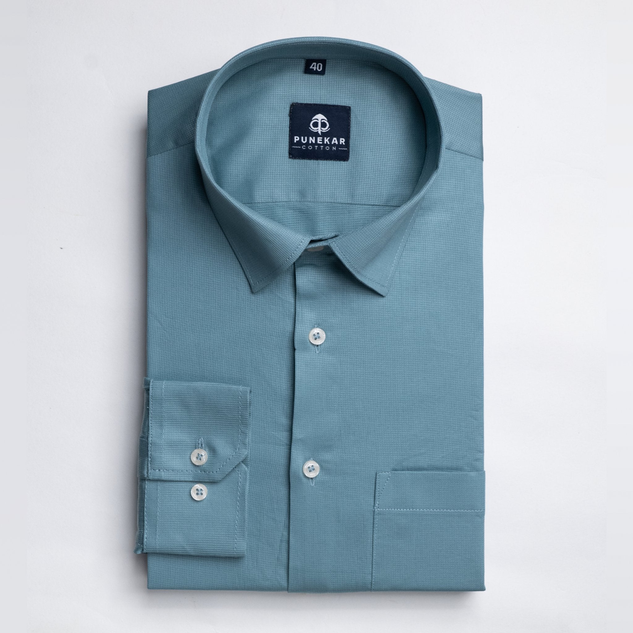 Peacock Blue Color Micro Checks Texture Satin Cotton Shirt For Men - Punekar Cotton