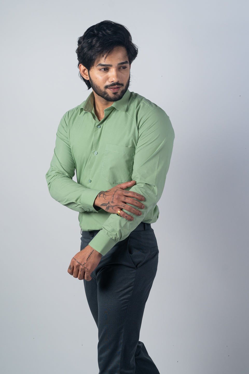 Pista Green Color Lycra Twill Cotton Shirt For Men - Punekar Cotton