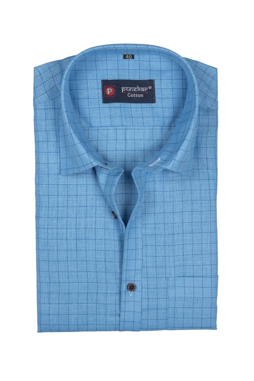 Punekar Cotton Light Blue Color Check Criss Cross Woven Cotton Shirt for Men&