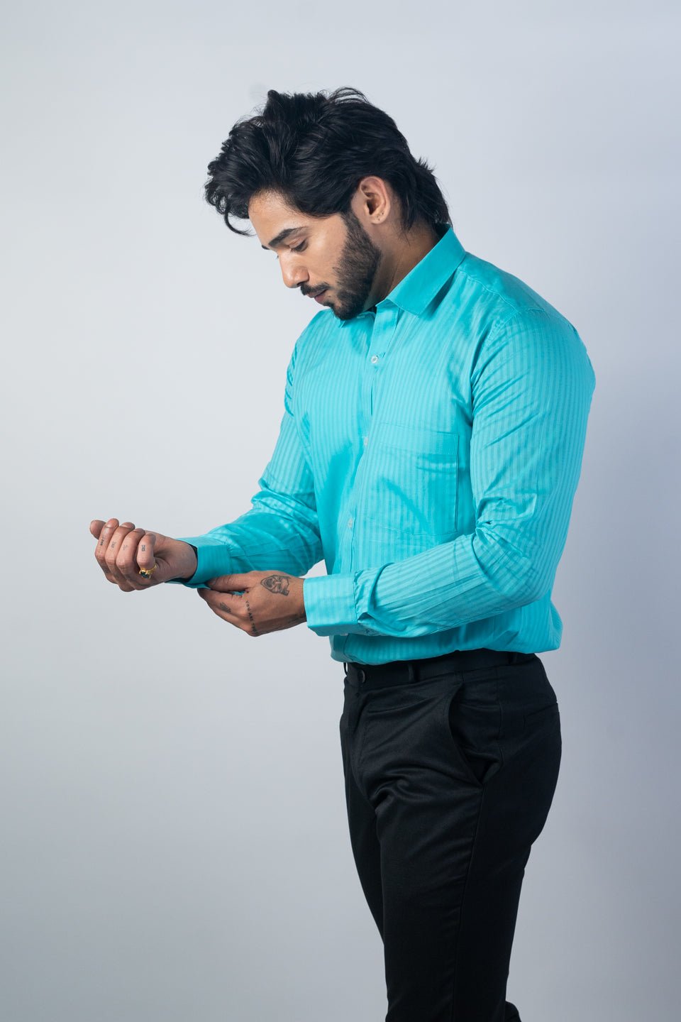 Sky Blue Color vertical Cotton stripe Shirt For Men - Punekar Cotton