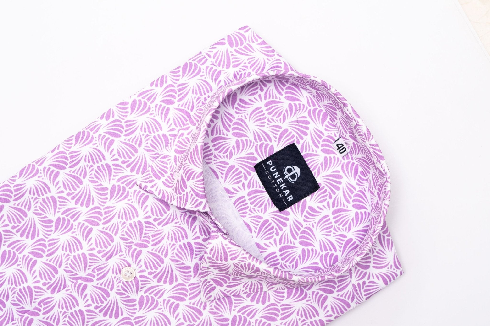 White Pink Color Leaf Printed Shirt For Men - Punekar Cotton