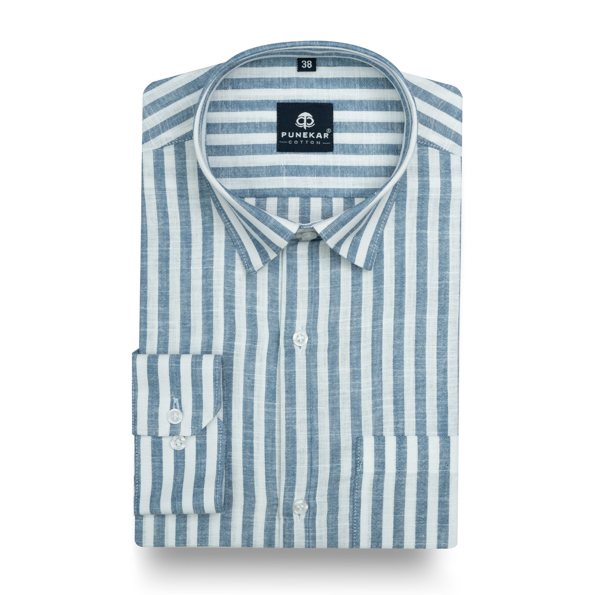 Ash Blue Vertical Stripes Cotton Linen Shirt for Men - Punekar Cotton