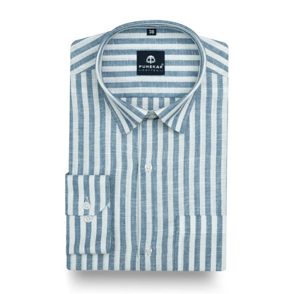 Ash Blue Vertical Stripes Cotton Linen Shirt for Men - Punekar Cotton