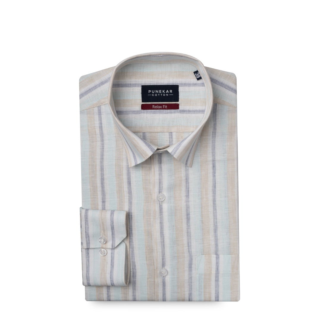 Beige &amp; Blue Colour Vertical Cotton Blend Striped Shirt For Men - Punekar Cotton