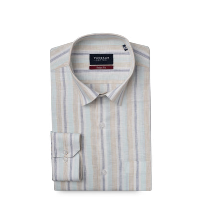 Beige &amp; Blue Colour Vertical Cotton Blend Striped Shirt For Men - Punekar Cotton