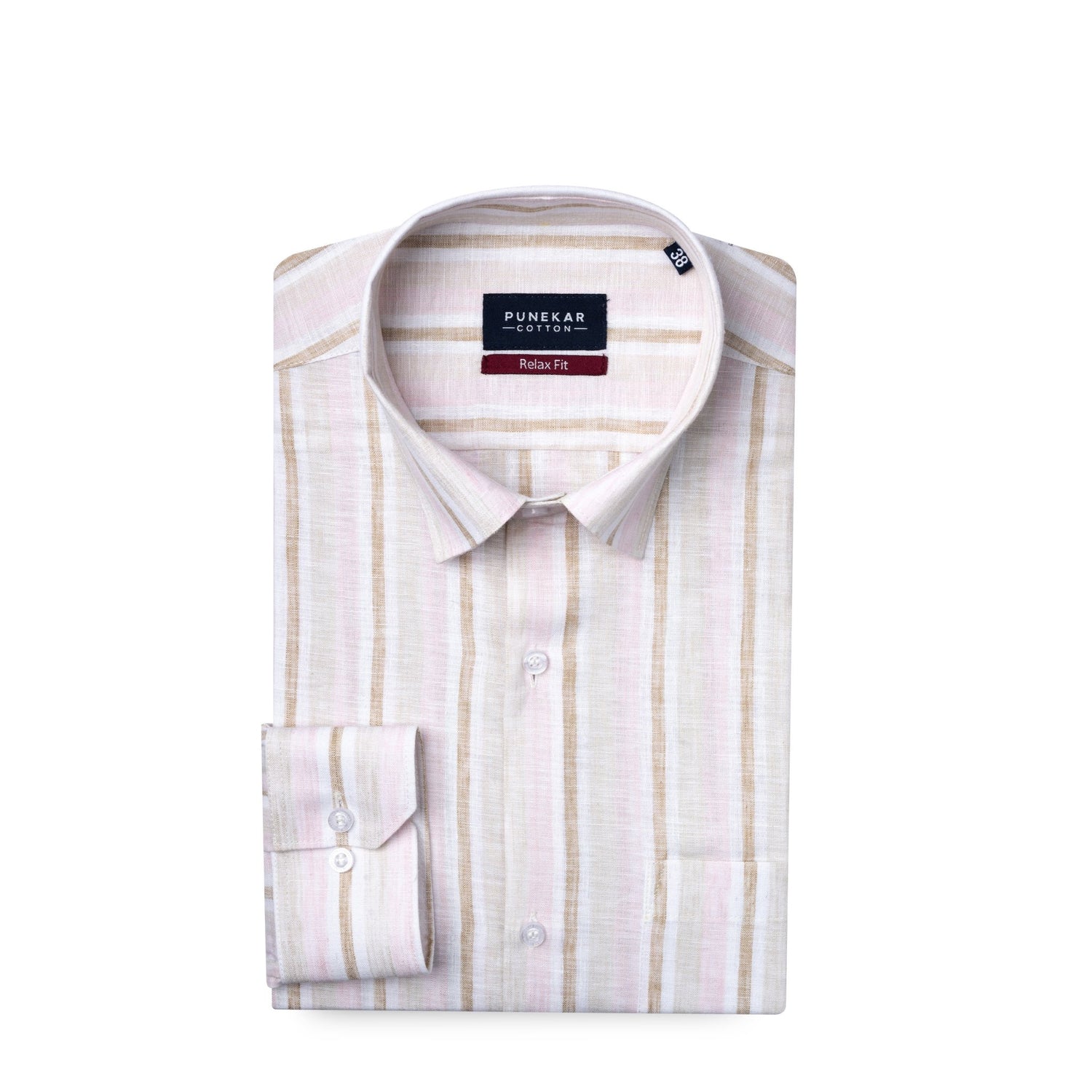 Beige &amp; Pink Colour Vertical Cotton Blend Striped Shirt For Men - Punekar Cotton