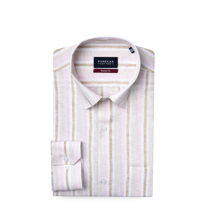 Beige &amp; Pink Colour Vertical Cotton Blend Striped Shirt For Men - Punekar Cotton