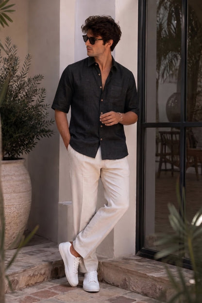 Black Color Linen Formal Half Sleeves Shirt For Men - Punekar Cotton