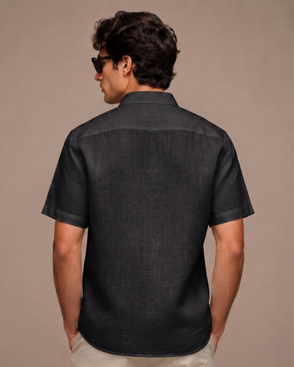 Black Color Linen Formal Half Sleeves Shirt For Men - Punekar Cotton