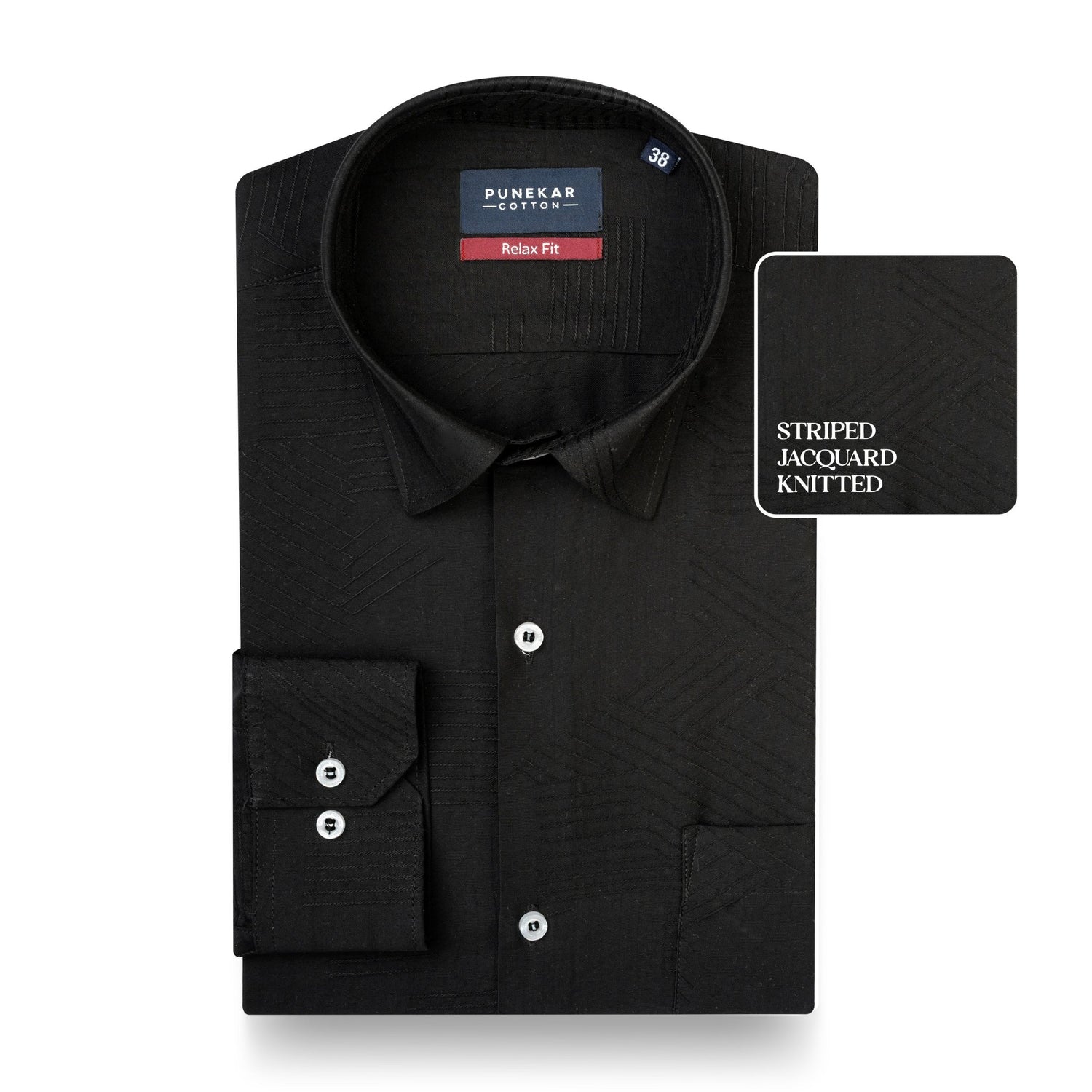 Black Colour Textured Stripe Jacquard Shirt for Men - Punekar Cotton