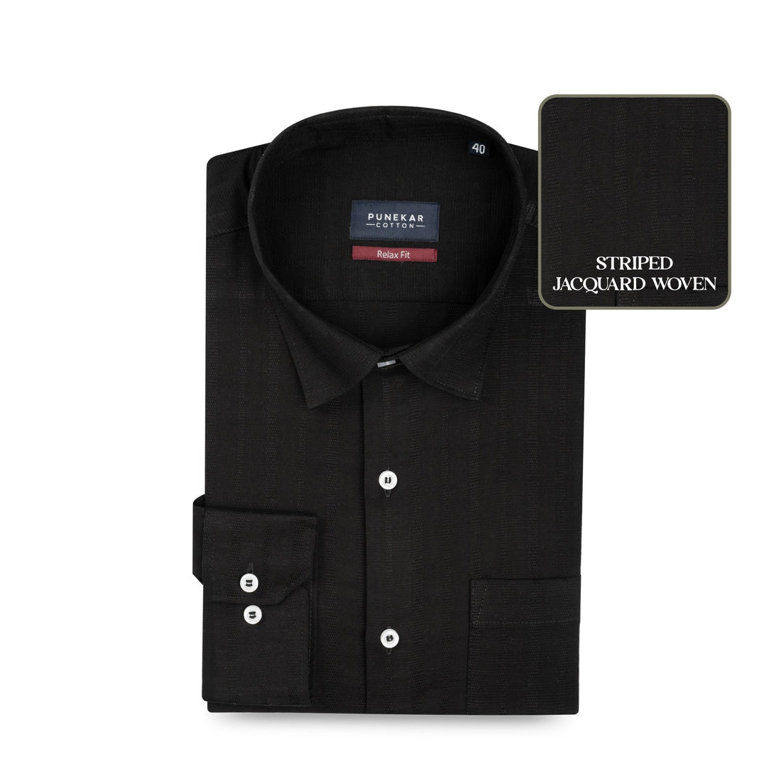 Black Colour Vertical Stripe Textured Jacquard Shirt for Men - Punekar Cotton
