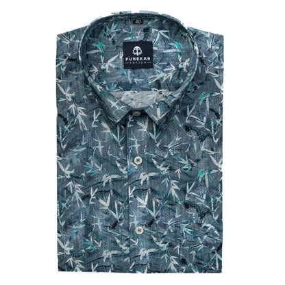 Blue Green Leaf Printed Wool Cotton Shirt For Men - Punekar Cotton