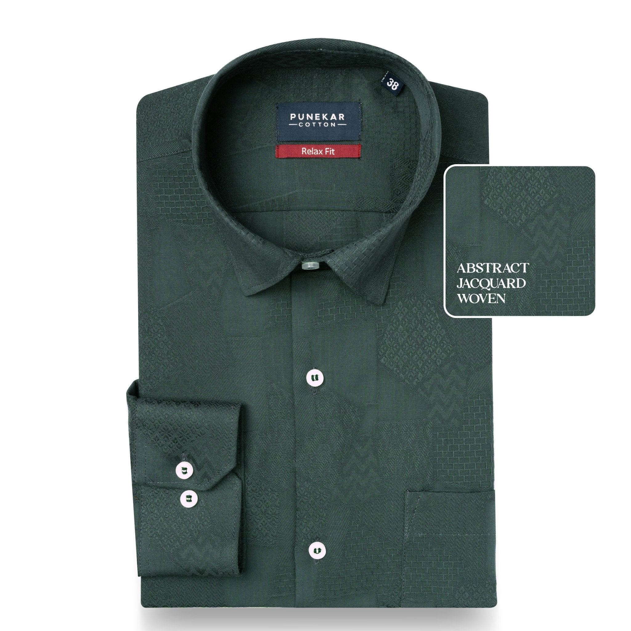 Bottle Green Abstract Textured Jacquard Cotton Shirt for Men - Punekar Cotton