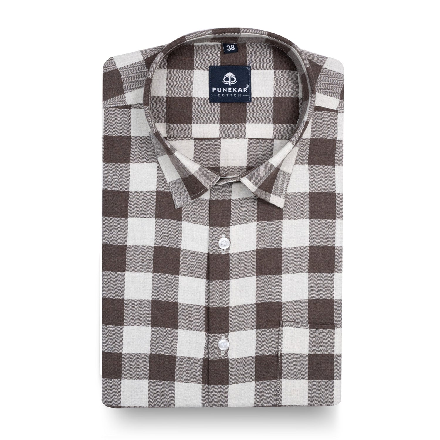 Brown Heritage Herringbone Checks Cotton Shirt for Men - Punekar Cotton