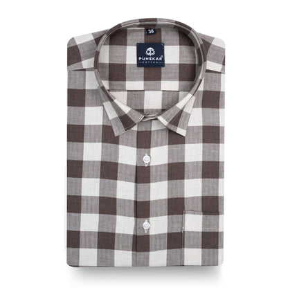 Brown Heritage Herringbone Checks Cotton Shirt for Men - Punekar Cotton