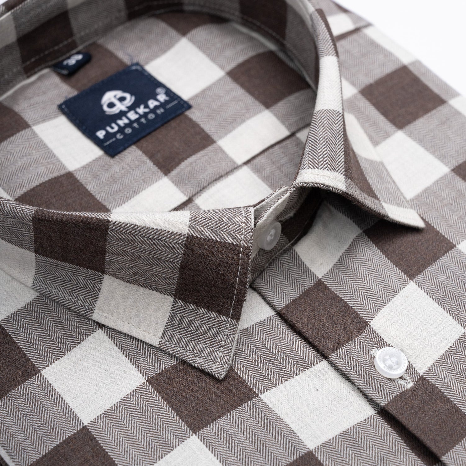 Brown Heritage Herringbone Checks Cotton Shirt for Men - Punekar Cotton