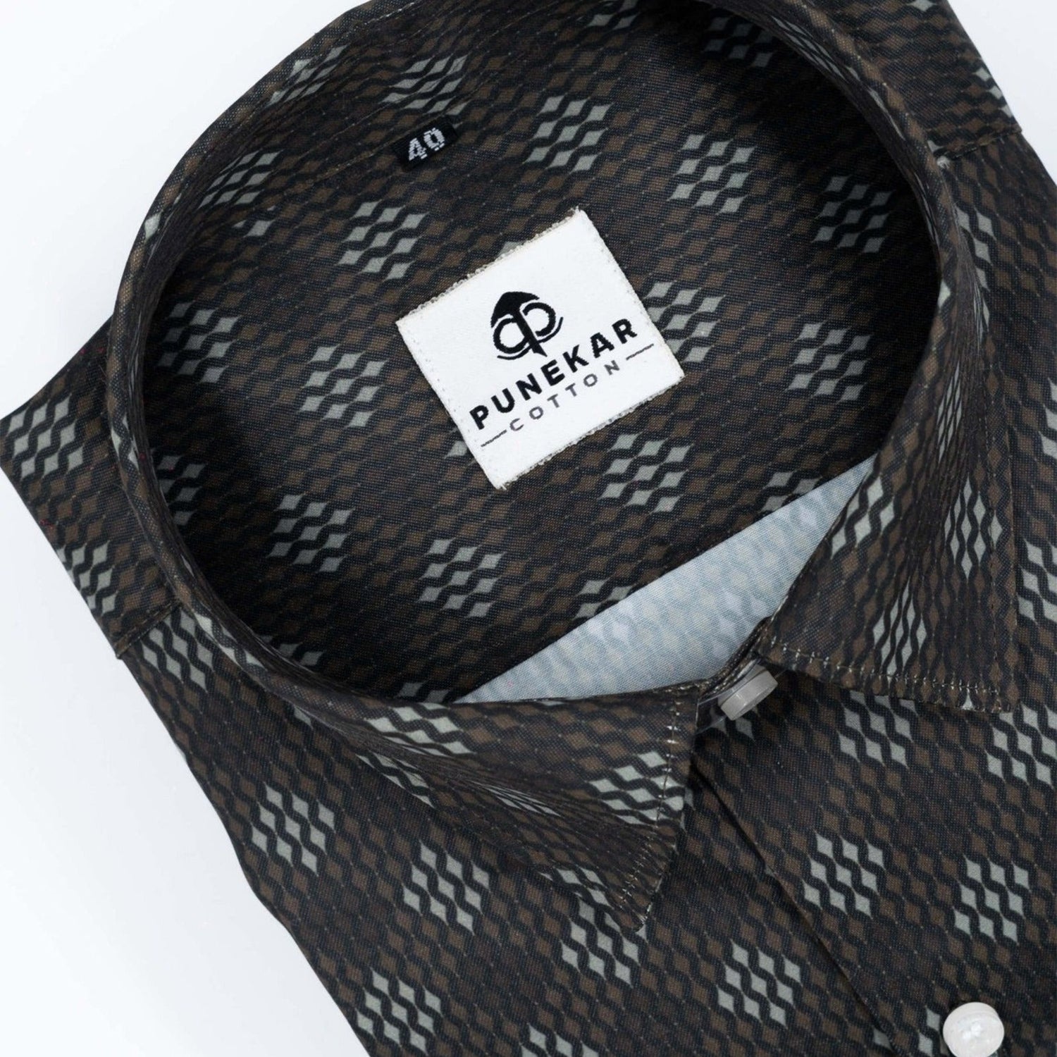 Brown White Color Morrocan Diamond Printed Shirt For Men - Punekar Cotton
