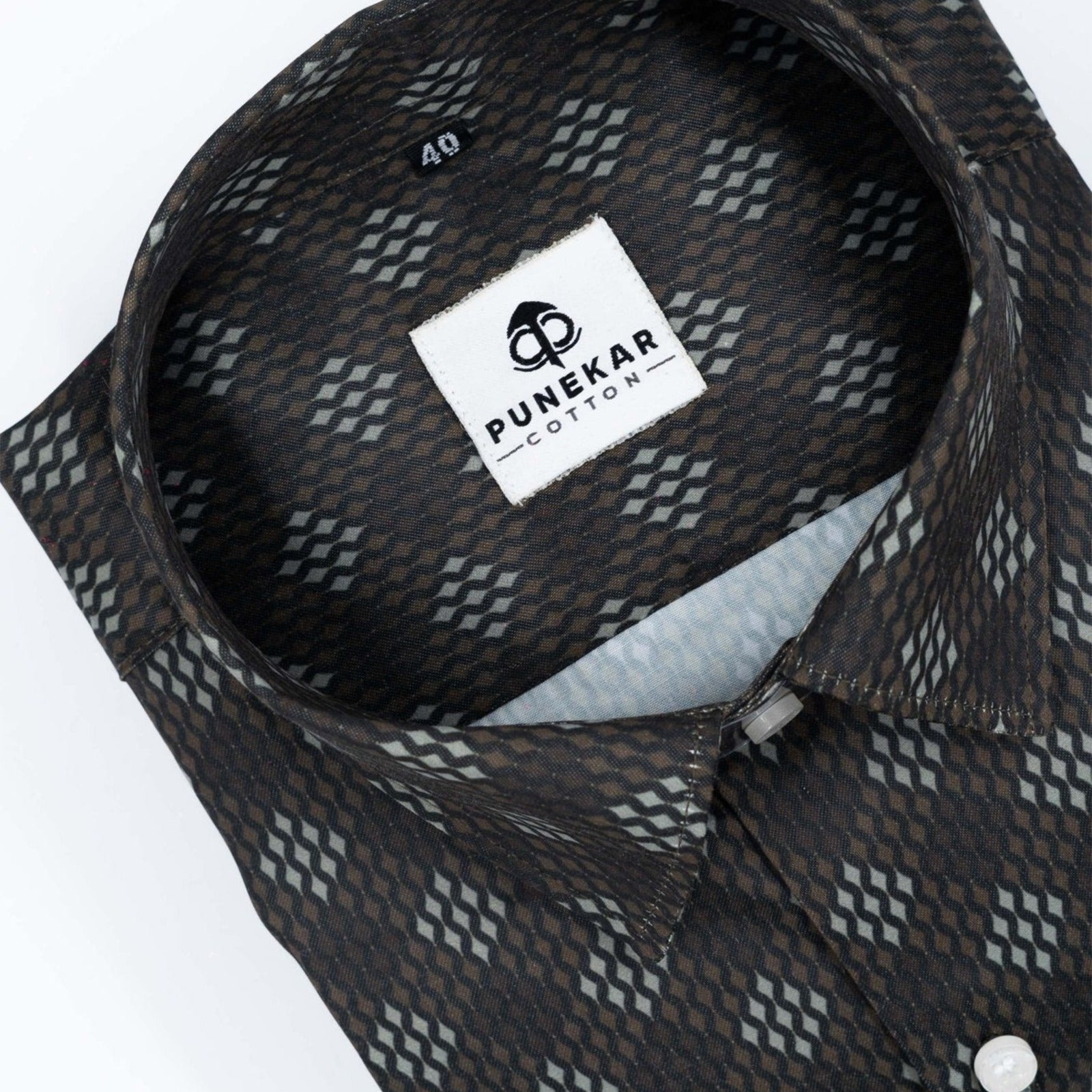 Brown White Color Morrocan Diamond Printed Shirt For Men - Punekar Cotton