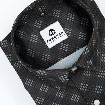 Brown White Color Morrocan Diamond Printed Shirt For Men - Punekar Cotton